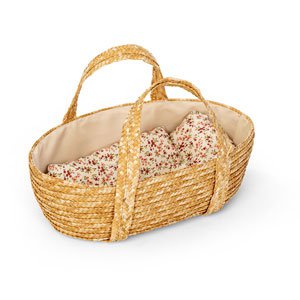 Rieten poppenreiswieg met beddengoed 35cm