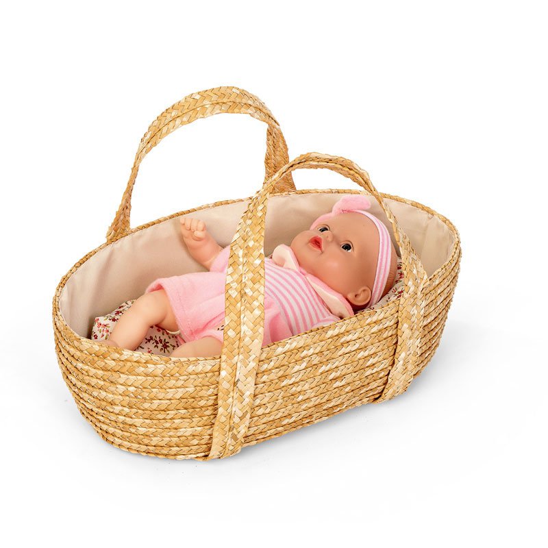 Rieten poppenreiswieg met beddengoed 35cm